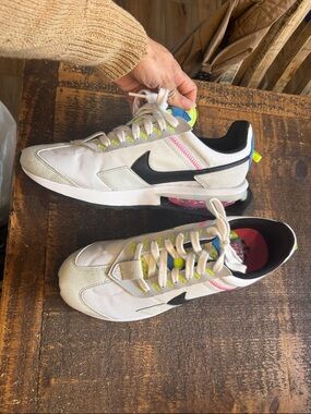 Nike White Sneakers with Black Swoosh and Neon Yellow & Pink Accents
